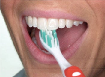 Use the top part of the brush to clean the inside surface of the top and bottom front teeth. Use a gentle up-and-down motion.